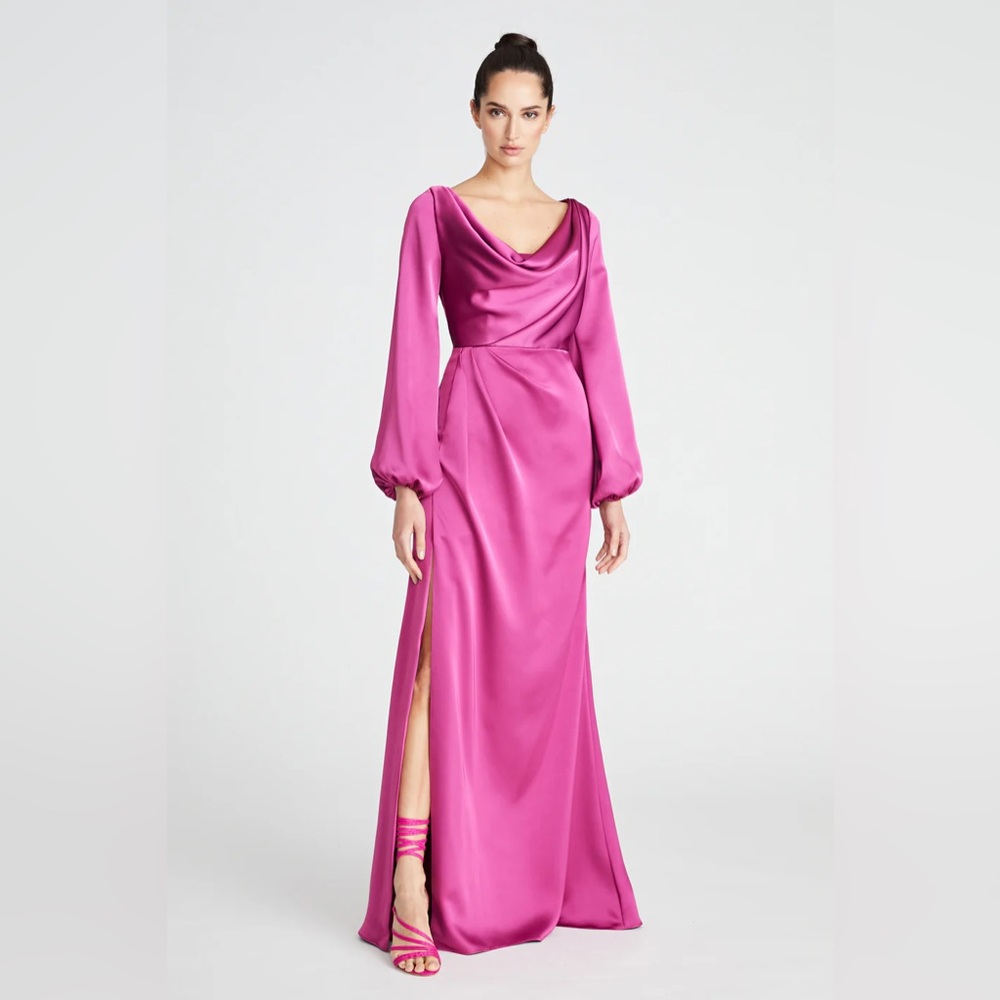 Theia Eliana Cowl Satin Long Sleeve Gown in Rosewood